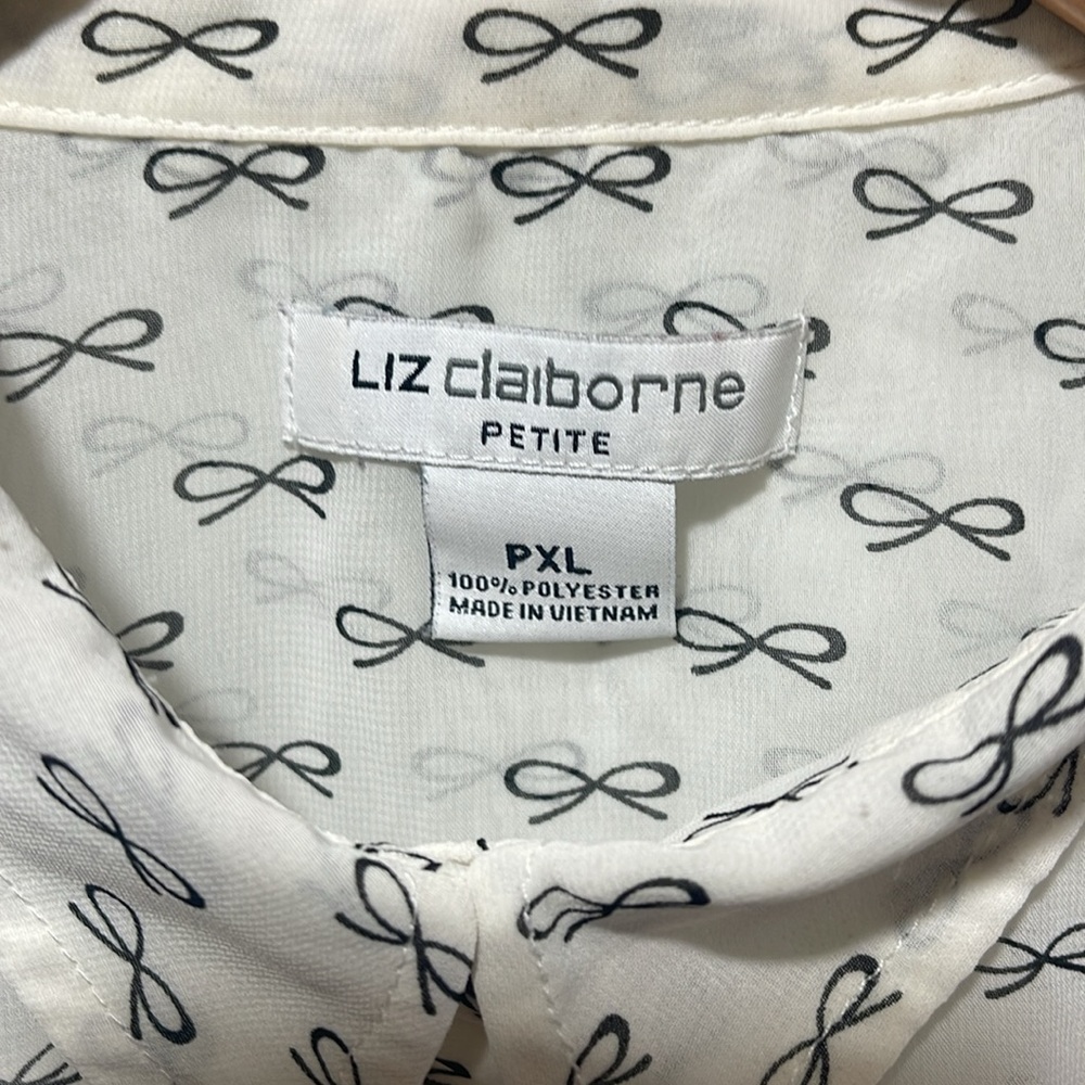 Liz Claiborne White Sheer Button-Up Blouse with Black Bow Pattern Size PXL - Picture 2 of 4